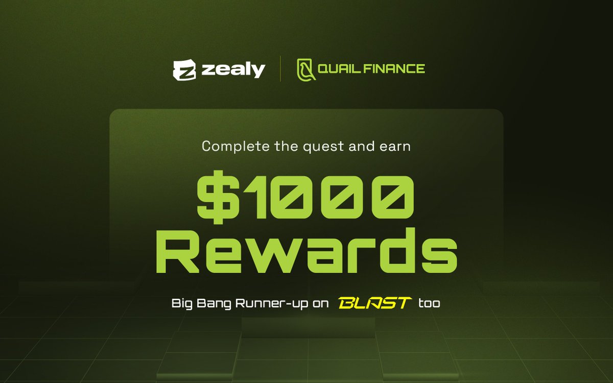 🚀 Don't miss out on our Summer Sprint at <a href="/QuailFinance/">Quail Finance</a> , now happening at <a href="/zealy_io/">Zealy</a> ! 🌟

💰 Compete for a $1000 prize pool!

🎉 Complete quests and unlock fantastic rewards, including Blast Gold, Quail Rewards and more!

Join the adventure now! 👇

zealy.io/cw/quailfinanc…