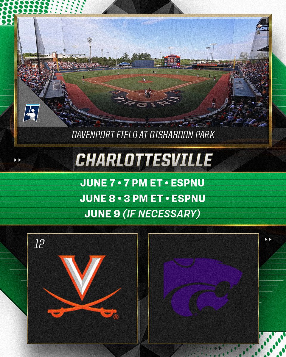 Charlottesville Super Regional

(12) <a href="/UVABaseball/">Virginia Baseball</a> vs <a href="/KStateBSB/">K-State Baseball</a> 

#RoadToOmaha