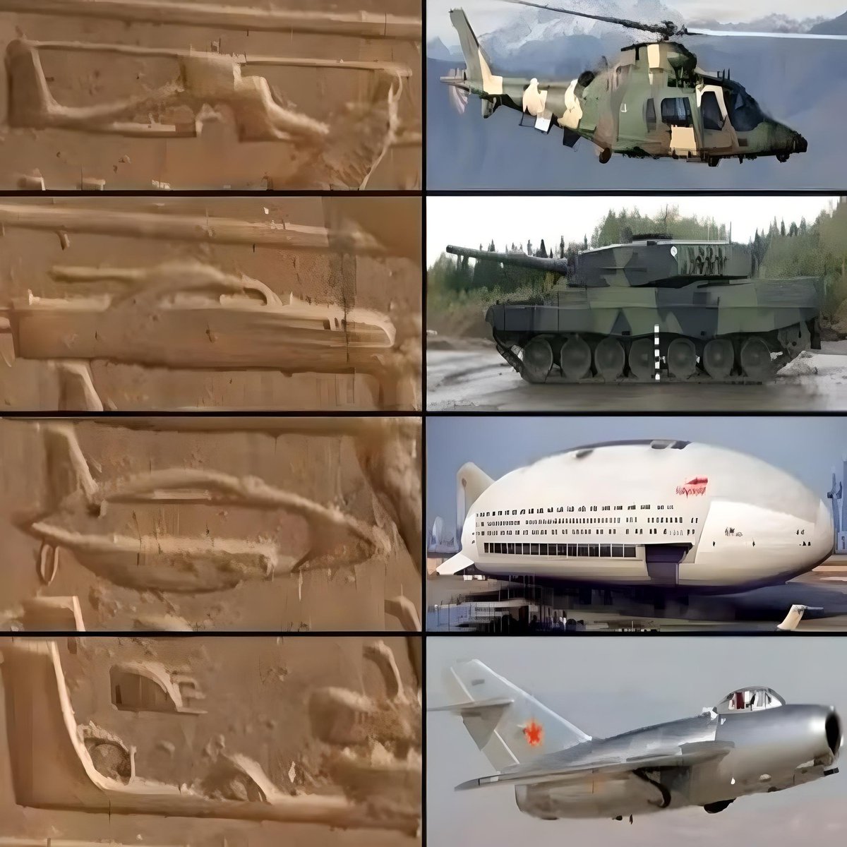 Hieroglyphs similar to helicopter, tank and airplane models from the Ancient Egyptian period Your comments on this ...