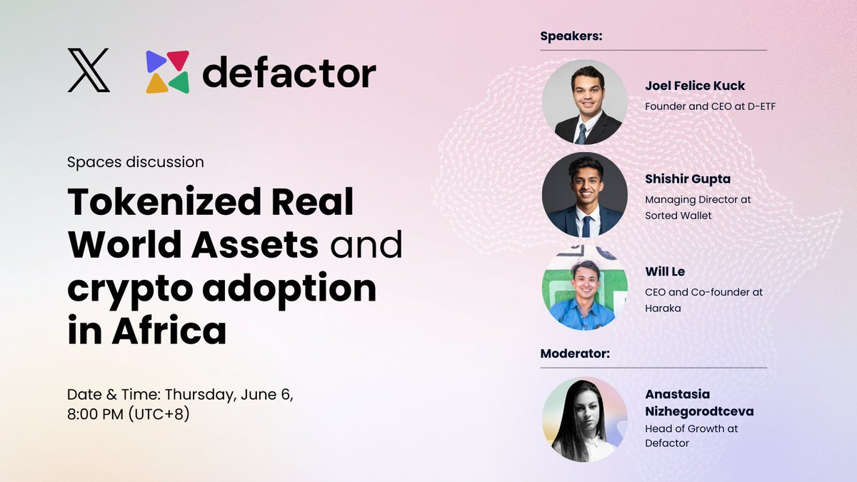 detf_official's tweet photo. In two days, on the 6th of June, our CEO Joel Felice Kuck will join a Twitter Space hosted by @defactor_ 🎙

Topic: Tokenized Real World Assets & Crypto Adoption in Africa 🌍

Speakers:
» Joel Felice Kuck, Founder & CEO at @detf_official
» Shishir Gupta, Managing Director at @sortedwallet
» Will Le, Co-Founder and CEO at @Haraka_xyz
» Hosted by Anastasia, Head of Growth at @defactor_

In many countries in Africa, inflation and debt are significant problems, driving interest in digital assets. Maintaining purchasing power, securing savings, and accessing financial tools are key to stability.

Real World Assets (#RWA) can be the solution. Investors are turning to tokenized assets in Africa for liquidity and returns. Don't miss out! 👇

📅 6th June
⏰ 14:00 CET / 13:00 BST / 20:00 HKT / 08:00 EST
🔗 https://t.co/Lq37haDmGe

#DETF #RWA #Defactor #Africa #Growth