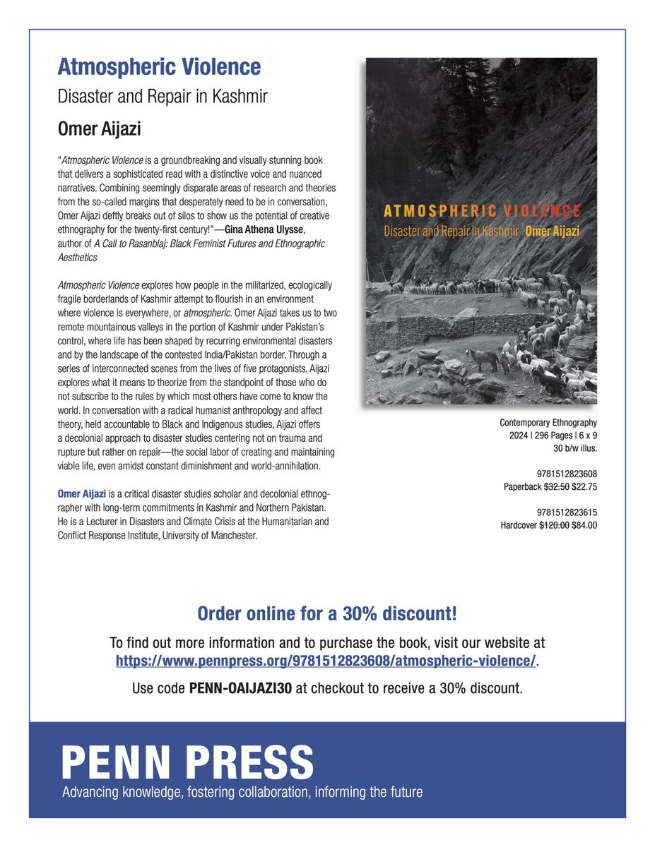 Atmospheric Violence: Disaster and Repair in Kashmir is now out with <a href="/PennPress/">Penn Press</a>!! 

The book is a demand for ethical relation over disciplinary certitude and is 100% heart 

Those without access, DM me — I come bearing gifts!                         

From the river to the sea 🇵🇸