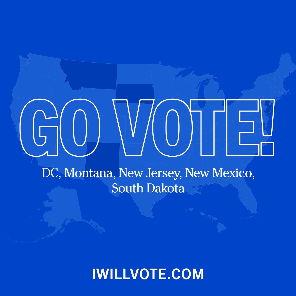 Folks, it’s a beautiful day to vote! If you’re in Washington, D.C., Montana, New Jersey, New Mexico, or South Dakota your presidential primary is today.

Confirm your polling place at: IWillVote.com.