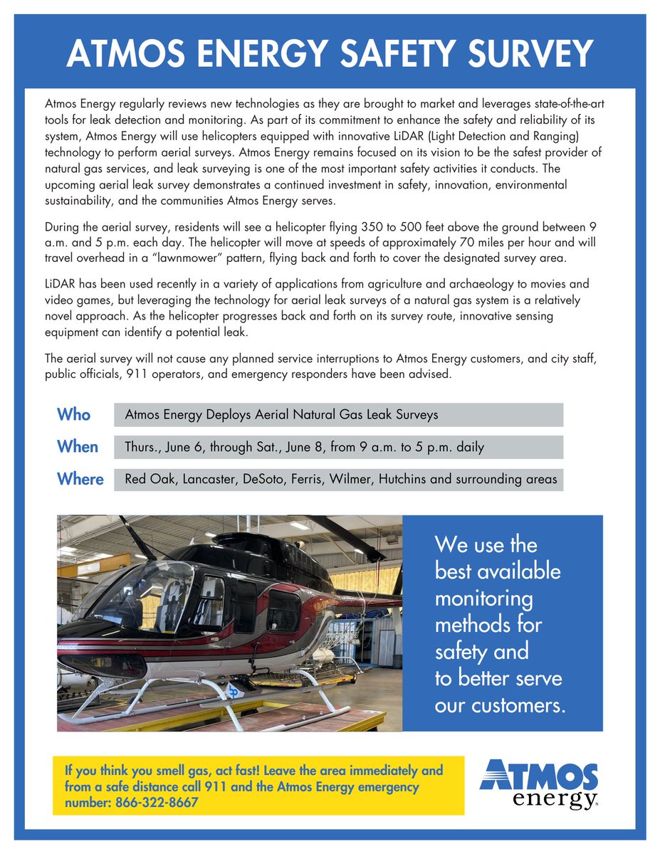Ellis County, be aware that a few of our cities (Red Oak and Ferris) will see an Atmos Energy Safety Servey taking place this week.
When: Thursday June 6th through Saturday June 8th, from 9AM-5PM daily.