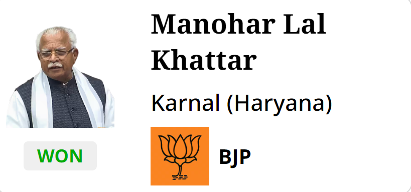 deKoderdigital's tweet image. BJP candidate Manohar Lal Khattar wins from Karnal constituency in Haryana.
@mlkhattar
#ElectionsWithdeKoder #LokSabhaResults #Electionsresults