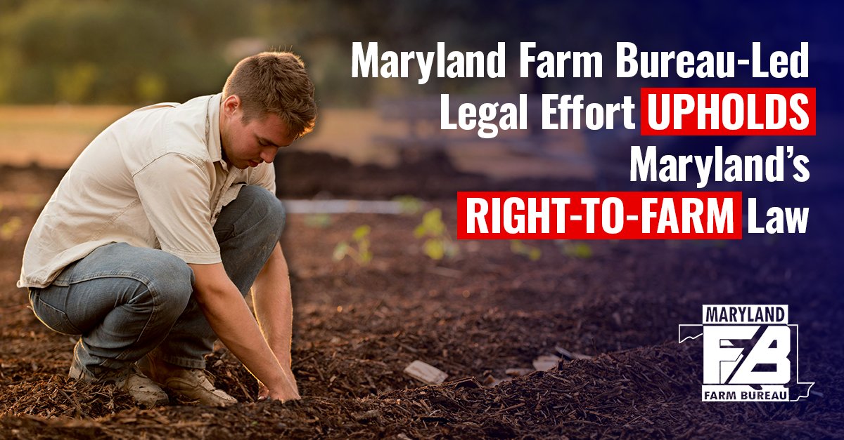 A legal win for Maryland's right to farm! An Appellate Court of Maryland recently upheld the state's right-to-farm law. The ruling ensures that farmers can continue using industry-standard techniques without the threat of nuisance lawsuits from neighbors. mdfarmbureau.com/maryland-farm-…