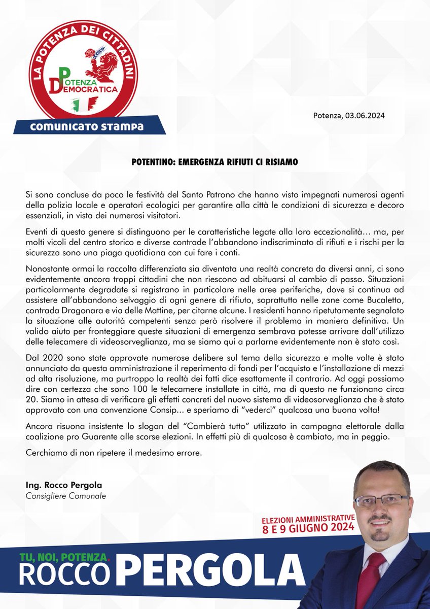 Basta emergenze rifiuti, degrado e furti nelle diverse aree della nostra città!!!#lapotenzadeicittadini2024