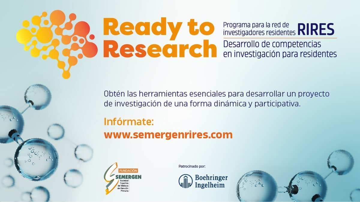 🟧 READY TO RESEARCH. Programa para los médicos de familia que forman parte de la red de investigadores residentes #RIRES. Desarrolla tus competencias en investigación de forma dinámica y participativa. Infórmate: investigacion@semergen.es o fundacion.investigacion@semergen.es