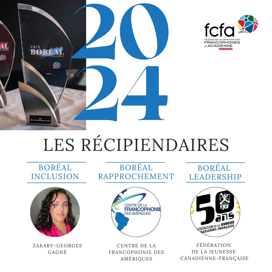 FCFA du Canada (@fcfacanada) on Twitter photo La FCFA est heureuse d'annoncer que <a href="/zakary_gagne/">Zakary-Georges Gagné (FR -elle) (ENG -she/they)</a>, le <a href="/CFAmeriques/">CFAmériques</a> et la <a href="/fjcf_ca/">FJCF</a> recevront ce vendredi les prix Boréal 2024 en reconnaissance de leur contribution à l'avancement de la francophonie. Toutes nos félicitations aux récipiendaires! fcfa.ca/la-fcfa-devoil… #frcan La FCFA est heureuse d'annoncer que <a href="/zakary_gagne/">Zakary-Georges Gagné (FR -elle) (ENG -she/they)</a>, le <a href="/CFAmeriques/">CFAmériques</a> et la <a href="/fjcf_ca/">FJCF</a> recevront ce vendredi les prix Boréal 2024 en reconnaissance de leur contribution à l'avancement de la francophonie. Toutes nos félicitations aux récipiendaires! fcfa.ca/la-fcfa-devoil… #frcan