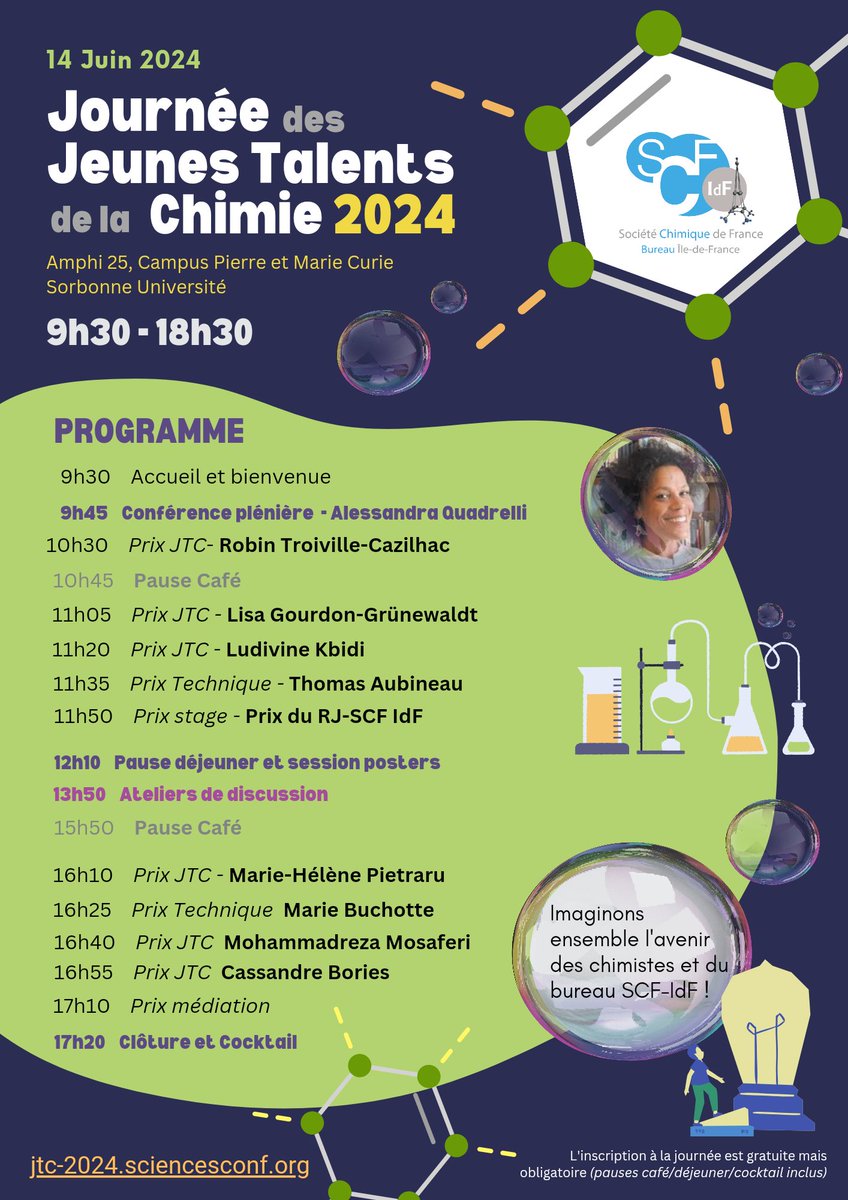 ⏳J-10 La Journée des Jeunes Talents de la Chimie! Rendez-vous 
📅 14 Juin, 9h30-18h30
📌 Amphi 25, campus Pierre &amp; Marie Curie
🔗 Inscription gratuite : jtc-2024.sciencesconf.org