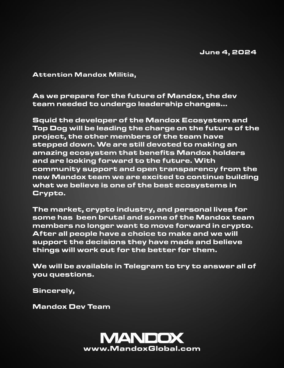 GM #MandoxMilitia!

There have been some changes we have had to make regarding the Mandox Team…

Our vision for Mandox has not changed and look forward to the release of <a href="/MandoxCreate/">CREATE | NFT Marketplace</a> NFT Marketplace and the future of the ecosystem. 

<a href="/SQUIDzillaz0e/">RySQUIDshi NakaMandox</a>, the developer of the Mandox