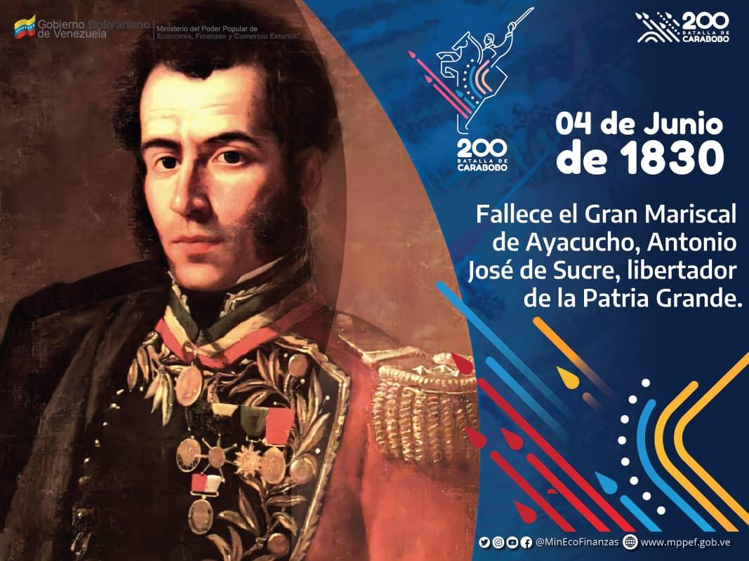 Hace 194 años fallece el Gran Mariscal de Ayacucho, Antonio José de Sucre. Prócer de la Emancipación Americana, diplomático, estadista, Presidente de Bolivia. Uno de los más leales y consecuentes compañeros de armas e ideas del Libertador, Simón Bolívar.