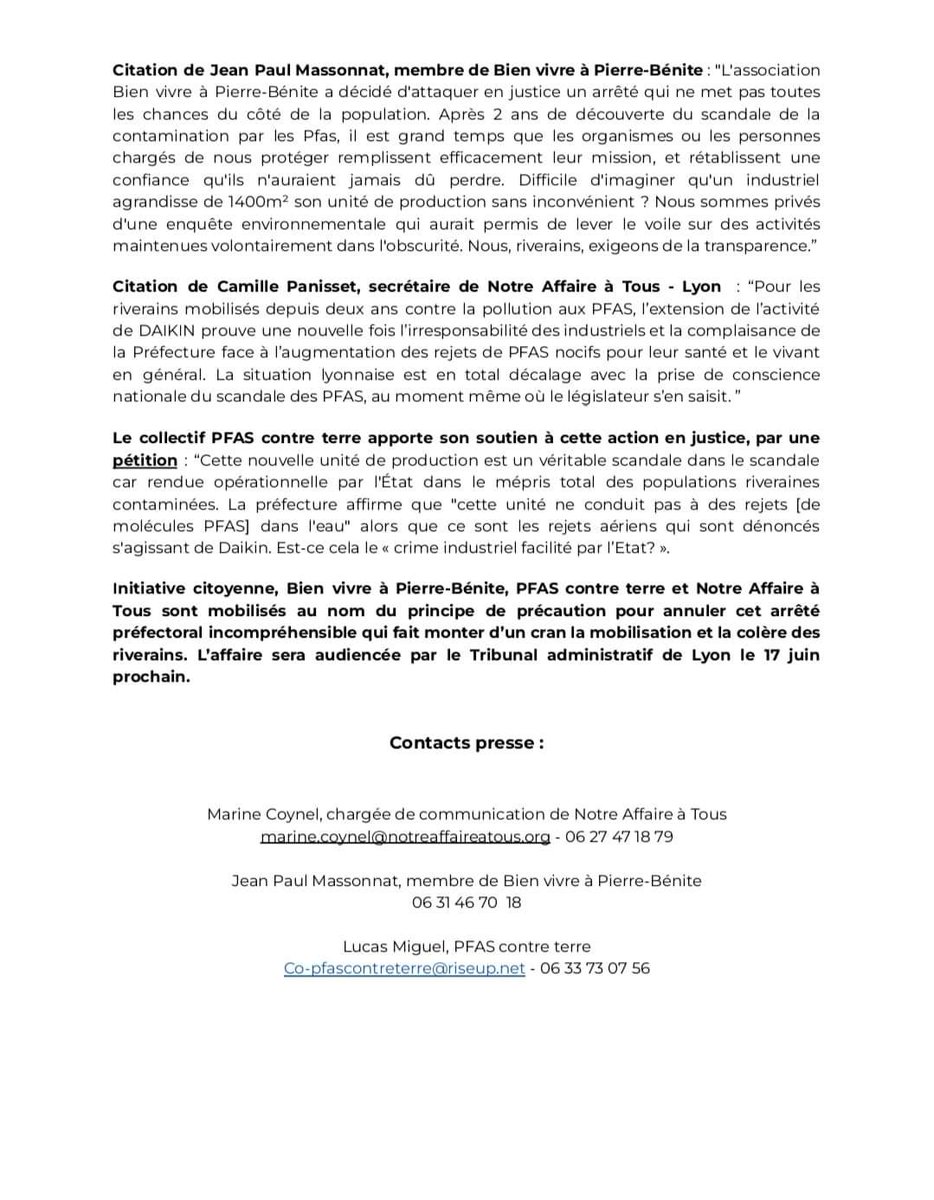 <a href="/PFAScontreTerre/">PFAS contre Terre</a> @notreaffaire et bien vivre à Pierre-Bénite demandent l'annulation par la Justice de l'extension de l'activité #pfas de Daikin.
Notre communiqué ⬇️