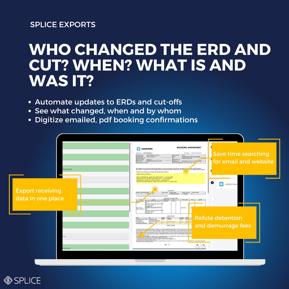 splice_together's tweet image. Spice Exports ensures you're always in the know about your vessel schedule, earliest receiving date (ERD), and cut-offs. No more digging through emails or wrestling with websites. Key dates neatly spliced together, giving you a clear roadmap for your export journey.