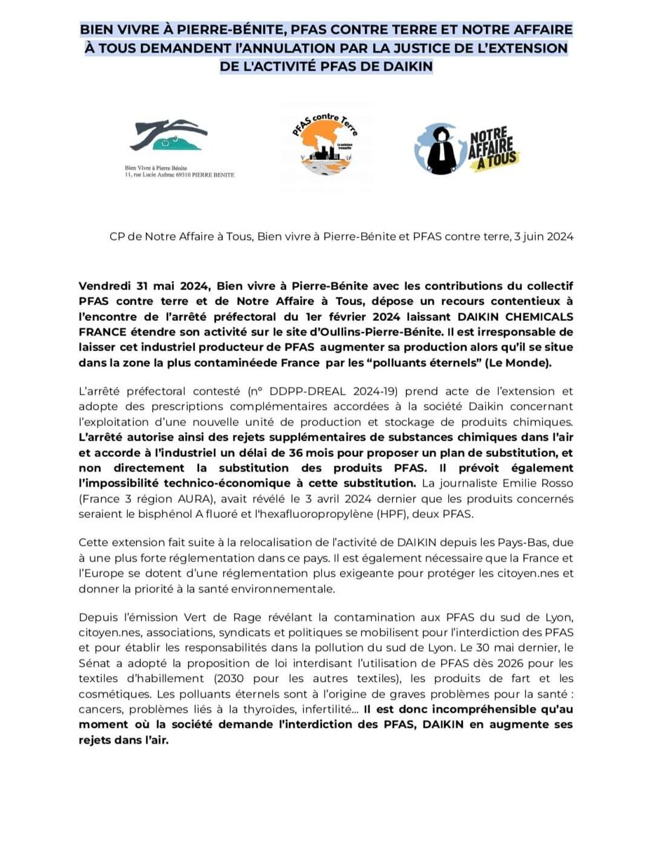PFAScontreTerre's tweet photo. @PFAScontreTerre @notreaffaire et bien vivre à Pierre-Bénite demandent l'annulation par la Justice de l'extension de l'activité #pfas de Daikin.
Notre communiqué ⬇️ https://t.co/Oqj1avPinl