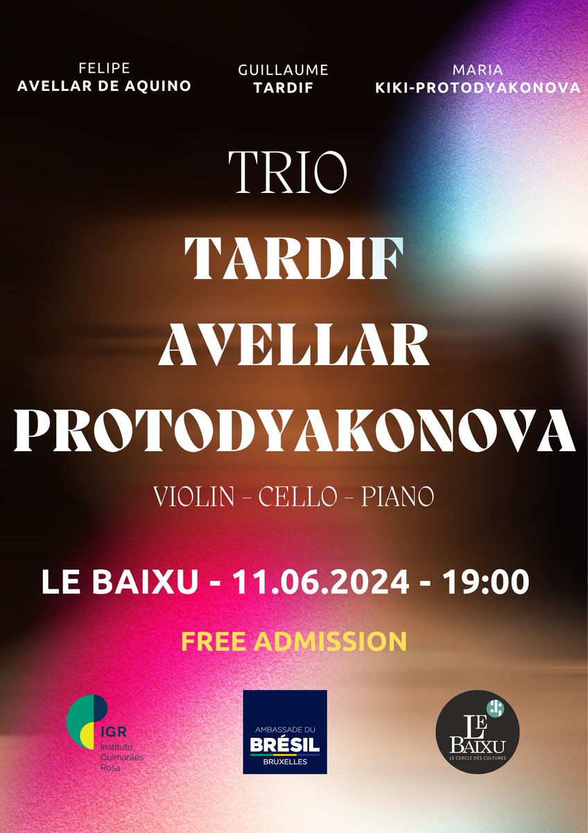 Trio Tardif-Avellar-Protodyakonova   

In concert @ LE BAIXU -  11/06/2024 – 19h  

Rue Picard, 3 – Brussels 1000 – Tour &amp; Taxis   
Free admission   

The program will feature music by Tchaikovsky, Clóvis Pereira, Flausino Vale, Darius Milhaud and Catarina Domenici.