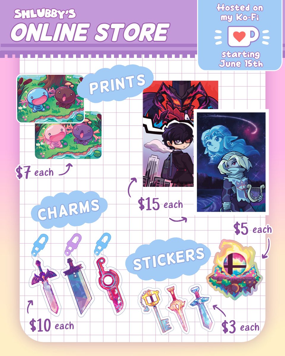 🪻 STORE ANNOUNCEMENT 🪻

I'm happy to confirm that I'll be selling some merch on my Ko-Fi starting June 15th, 10:00am AEST.

I'll have stickers, acrylic charms and small prints available. Hope you are looking forward to it! 😊

(All prices listed are in AUD.)