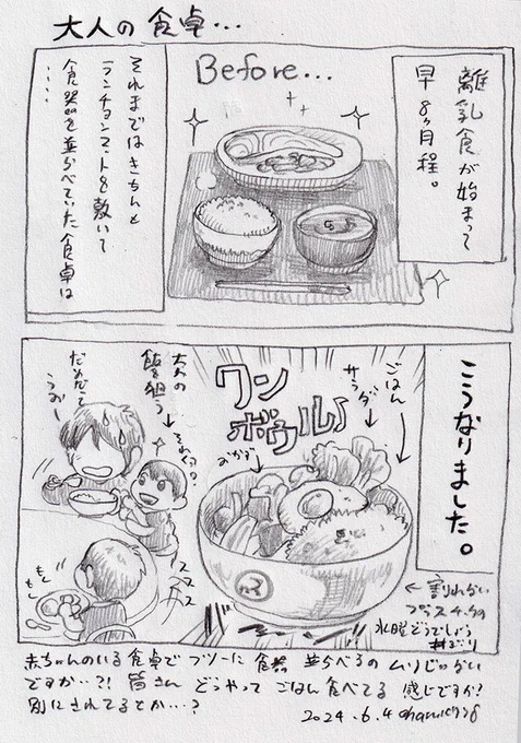 【幼児センパイ日記⑦】

1歳2ヶ月後半。
離乳食始まって、細々した食器はひっくり返されて危ないのとランチョンマットも引っ張られて大惨事なのでこのスタイルでご飯食べてるんですが、みなさんどうされてるんでしょうか?別々にご飯召し上がってる感じとか...!?
段々イヤイヤも増えてきました😅 