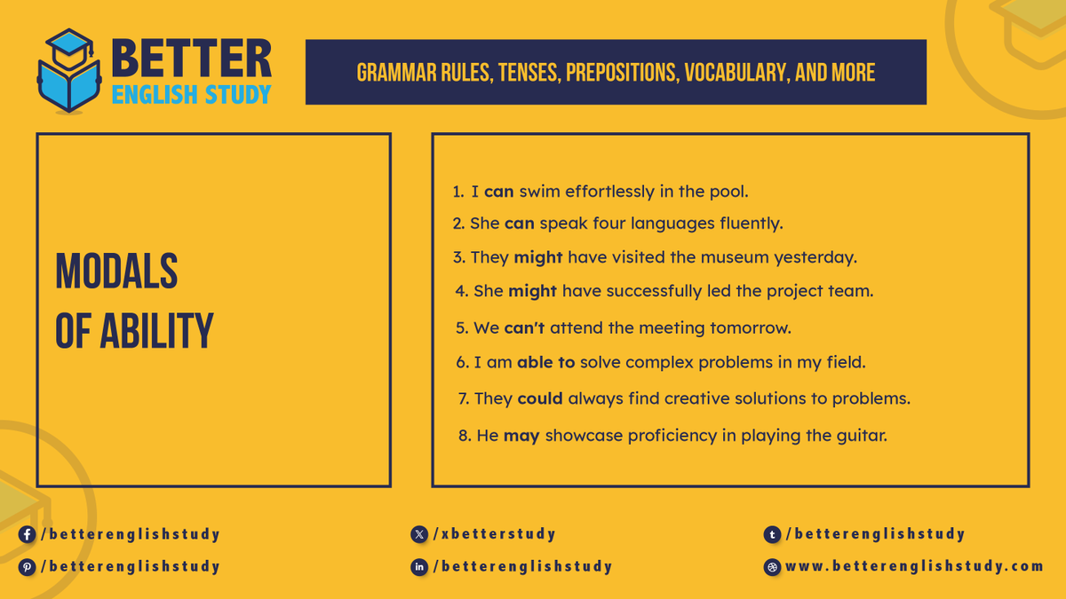 xbetterstudy's tweet image. English language learners often find themselves navigating a complex web of modal verbs, each with its nuances and applications. Among these, modals of ability play a crucial role in expressing one's capacity to perform various tasks. #ableto #can
betterenglishstudy.com/modals-of-abil…