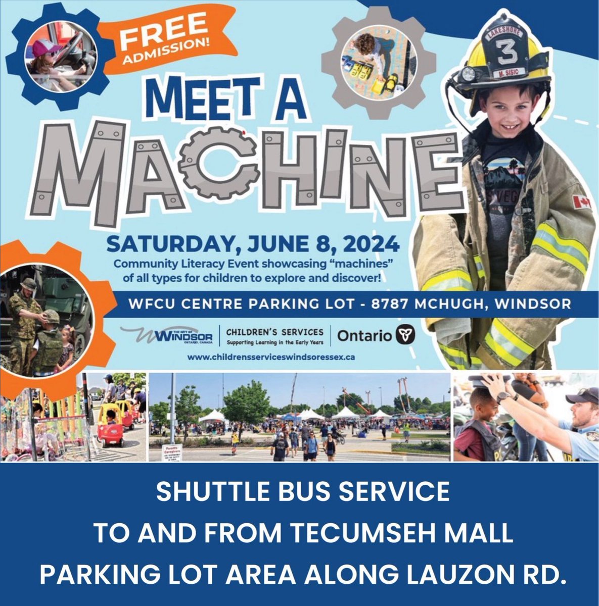 tecumsehmall's tweet photo. #MEETAMACHINE is this Sat, JUN 8, 10-2pm! 📣 #SHUTTLEBUSSERVICE PROVIDED TO & FROM #TECUMSEHMALL parking lot area along Lauzon Rd.
Free @citywindsoron #community literacy event at WFCU Centre Parking Lot.
More info: https://t.co/m0gNEgZxpb
#WEmeetamachine #windsor #yqg https://t.co/XVgePm2E2V