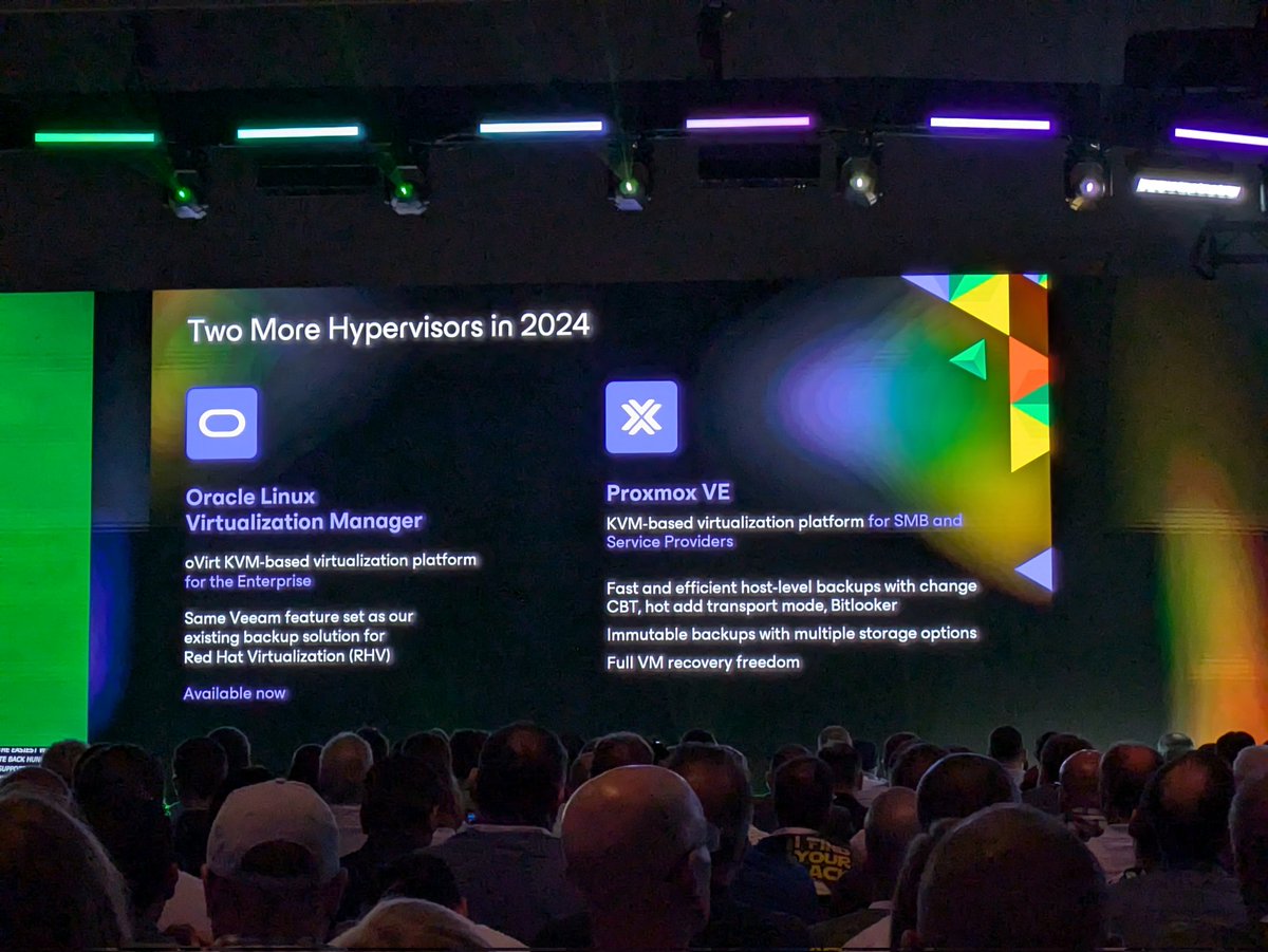 #VeeamON Fantastic news directly from <a href="/gostev/">Anton Gostev</a> Two more Hypervisors support, being one of the most popular among the community, Proxmox. Some tests show 3x recovery speed vs native solutions according to Anton. Besides that: CBT support, Immutable backups, full vm restore, etc.