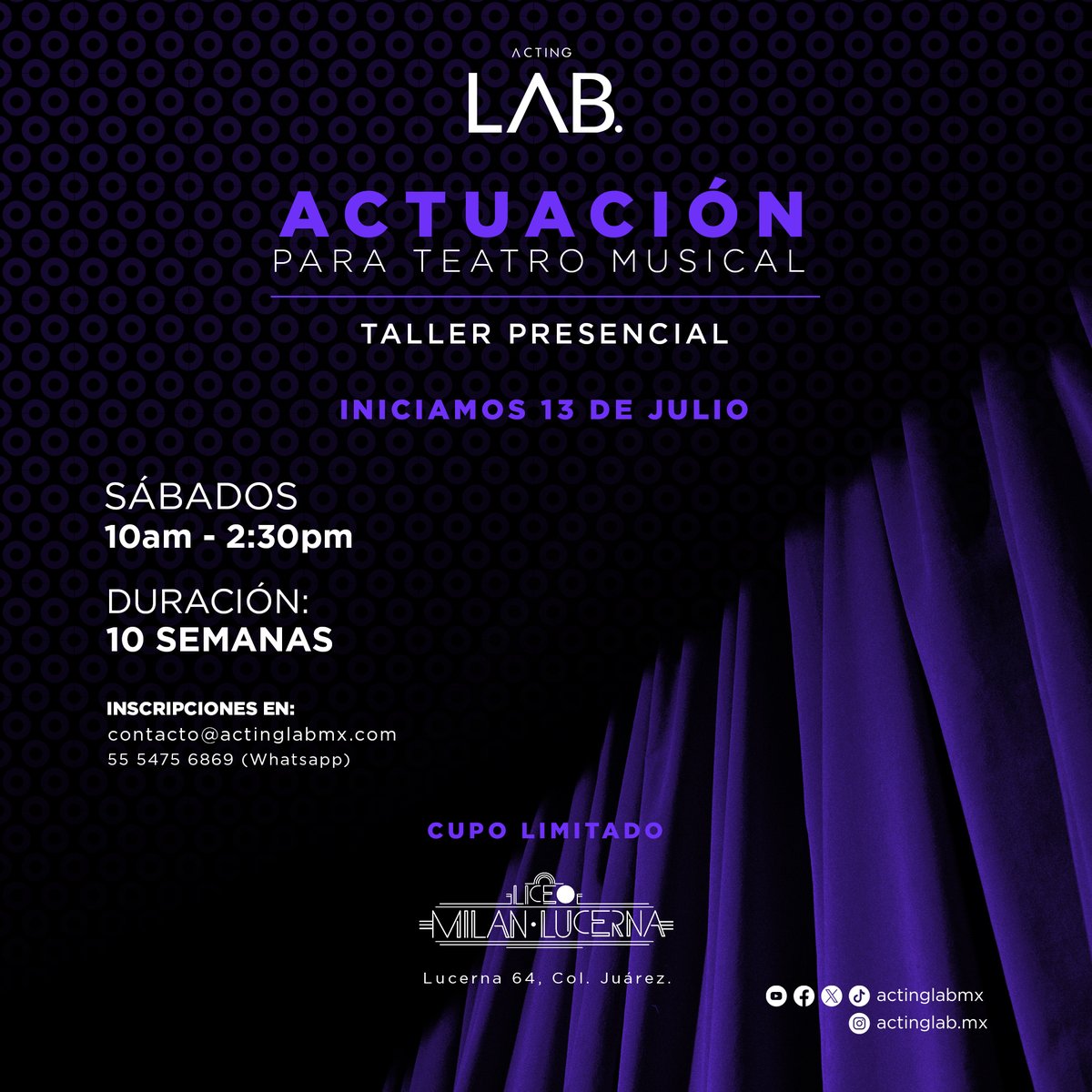 Ya viene una nueva edición de nuestro taller de actuación para teatro musical 🎭 arrancamos este próximo 13 de julio en el <a href="/LiceoML/">Liceo Milán Lucerna</a> y puedes inscribirte a partir de HOY con un 30% de descuento en preventa.

INFORMES AQUÍ: linktr.ee/actinglabmx ⬅️