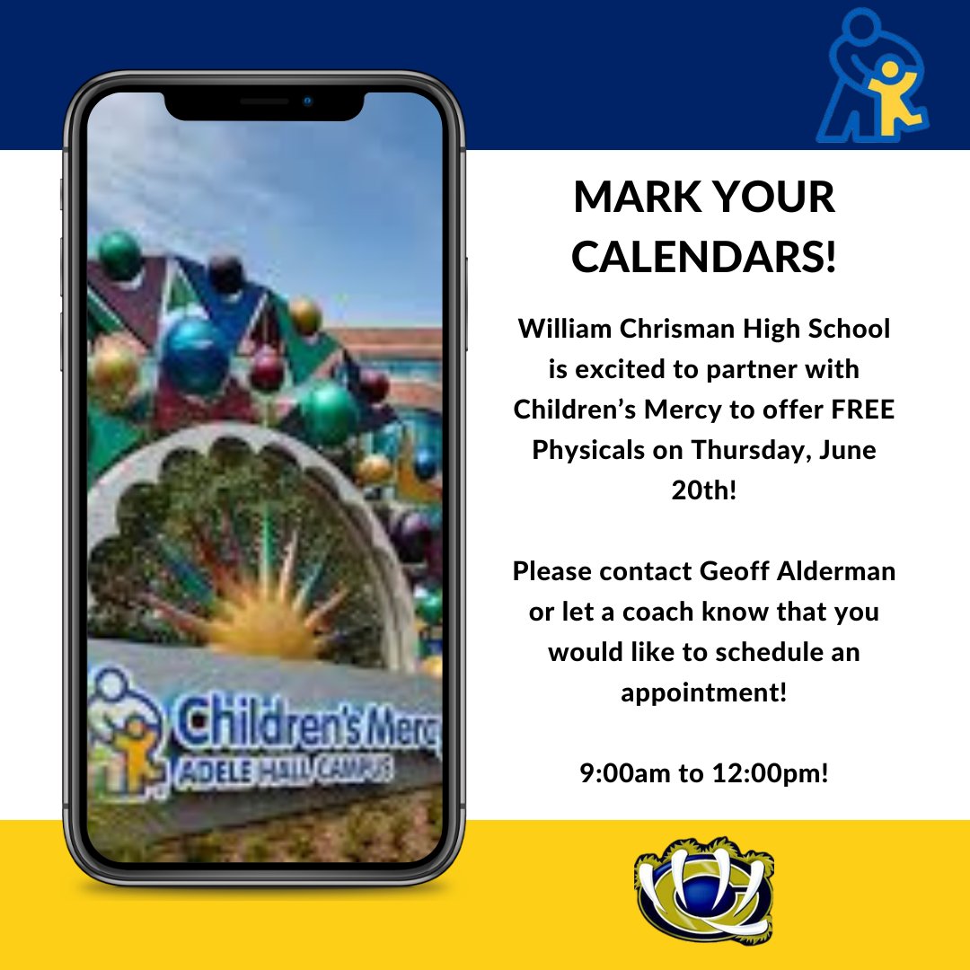 WC_TrackField's tweet photo. 🌟Exciting News🌟
🎉@ChildrensMercy is offering FREE physicals!
Make sure you are ready for the upcoming school year & sports season! #🐻⬆️
🗓️: Thursday, June 20th
🏫: William Chrisman High School
Don't miss out on this amazing opportunity!
#ChildrensMercy #FreePhysicals https://t.co/c10KLH2ZMP