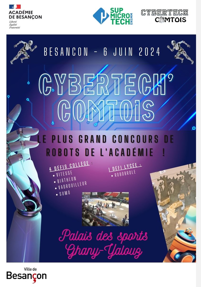 TS2I_besancon's tweet photo. A J-2, l'édition 2024 du concours de robotique de Cybertech'Comtois s’annonce prometteuse avec 1300 collégiens venant de 22 collèges au Palais des Sports Ghani Yalouz à Besançon. 5 lycées feront l’aventure sur le site de l'@ENSMMOfficiel pour leur 2ème participation @acbesancon https://t.co/4fWaMAY6lW