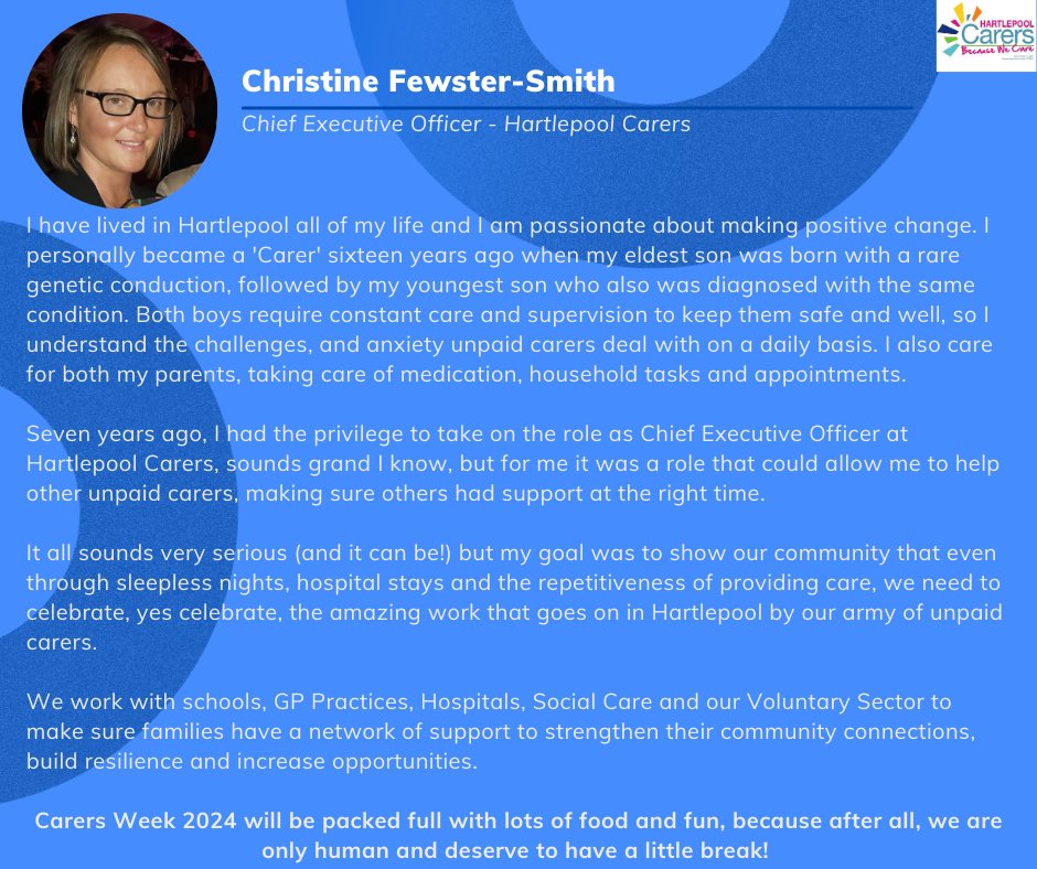 ⭐️A Special Word From Our CEO⭐️
~ Carers Week | Monday 10th June - Friday 14th June ~

Remember we are only a call away if you need some advice:
📞- 01429 283095
and you can find lots of useful information at:
💻 - hartlepoolcarers.org.uk