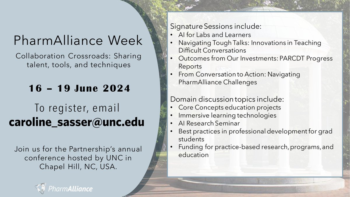 Make sure to join us for PharmAlliance week this month! <a href="/UNCPharmacy/">UNC Pharmacy</a> is hosting the conference from June 16 - 19 for faculty, staff, and students to share ideas, take part in group discussions and collaborate with our partners! Contact caroline_sasser@unc.edu to register!