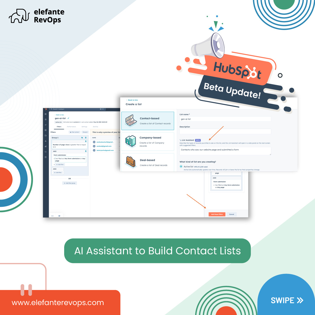 elefanterev's tweet image. Build better contact lists faster with HubSpot's new AI Assistant in Lists!
Contact us to know more: bit.ly/455z2wU
#HubSpot #MarketingAutomation #HubSpotAI #AIAssistant #AI #artificialintelligence #HubSpotPartner #Marketing #InboundMarketing #elefanteRevOps