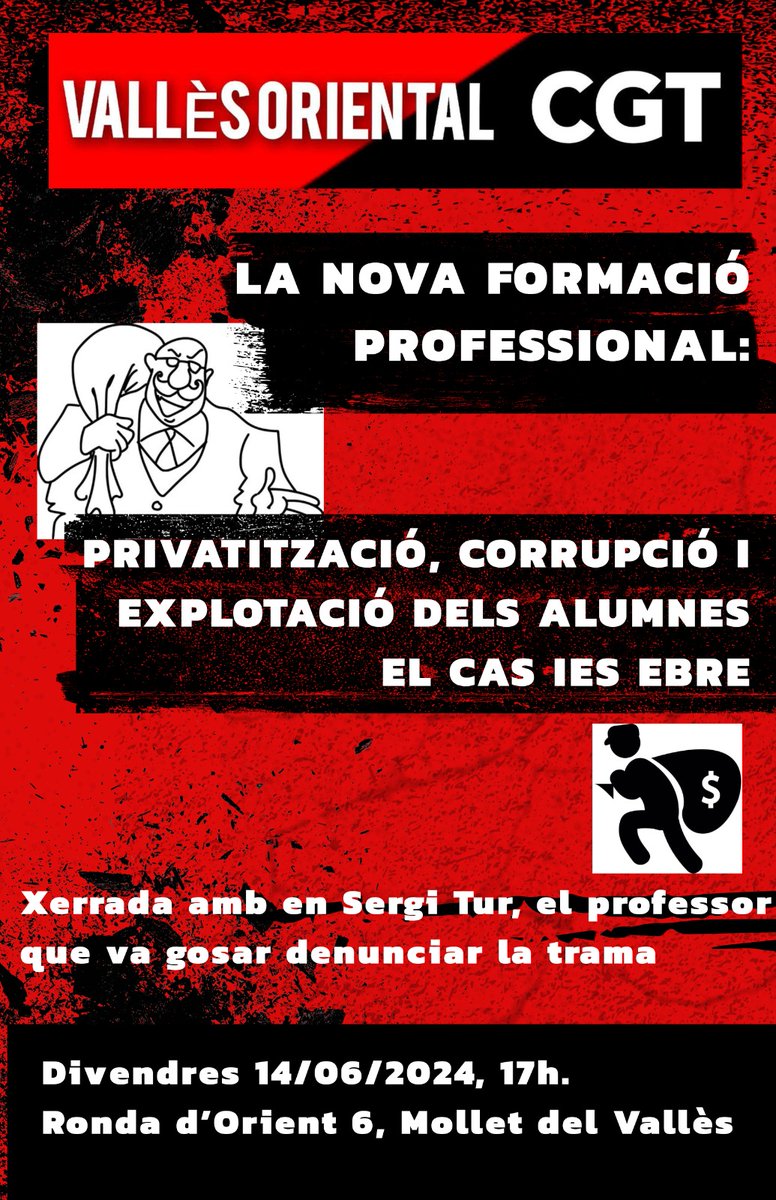 XERRADA-RODA DE PREMSA:
Dv 14 de juny a les 17 hores
LA NOVA FP: PRIVATITZACIÓ, CORRUPCIÓ I EXPLOTACIÓ D'ALUMNES

Trama de corrupció, explotació laboral d'alumnes amb implicació de la Direcció de l'Institut i l'empresa privada.

Amb SERGI TUR, PROFESSOR DE L'INS DE L'EBRE,Tortosa