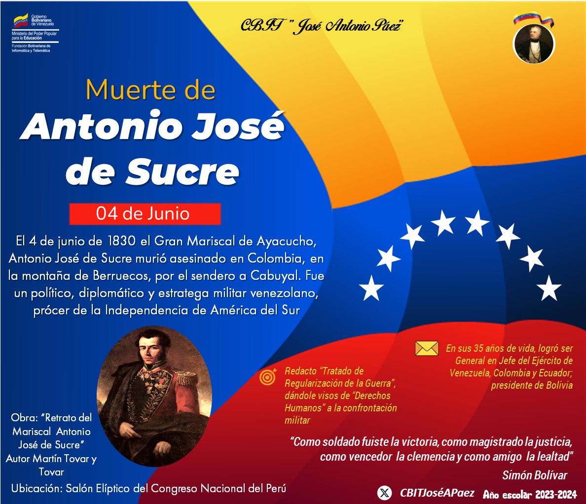 Muere Antonio José de Sucre. Militar y político venezolano. Víctima de un disparo en el pecho en su paso por la sierra de Berruecos en Colombia <a href="/FundabitAragua/">FUNDABIT ARAGUA</a> <a href="/_LaAvanzadora/">Yelitze Santaella</a> @MPPEDUCACION
<a href="/CBIT_DSR/">CBIT Don Simón Rodríguez Soy@FundabitAragua</a> <a href="/FundabitB/">Fundabit Bolívar</a> <a href="/NicolasMaduro/">Nicolás Maduro</a> <a href="/juntaregionalc1/">Oficina Regional Electoral Bolivar</a> <a href="/cbitotiliar/">CBIT Otilia Rodriguez</a> 
#AfirmativosYPaLante