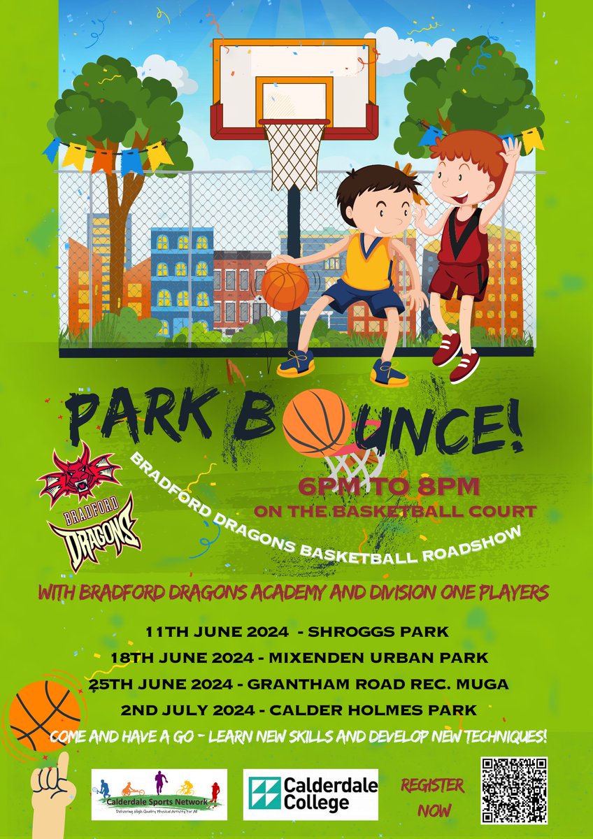 🏀  PARK BOUNCE  🏀

A fantastic opportunity run by <a href="/BradfordDragons/">Bradford Dragons</a> for children and young adults aged 8 - 16 years in <a href="/ActiveCdale/">Active Calderdale</a>! Give it a go! 👇🏼