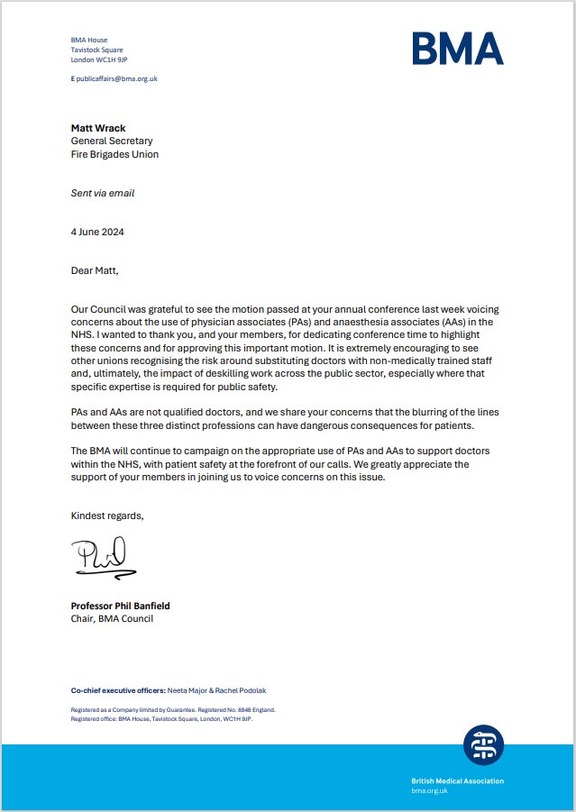 The BMA (@thebma) on Twitter photo It's encouraging to see <a href="/fbunational/">Fire Brigades Union</a> members sharing our concerns over the use of PAs & AAs in the NHS. Today we thank them for passing their motion, highlighting the impact of deskilling a public sector workforce where expertise in public safety is crucial. It's encouraging to see <a href="/fbunational/">Fire Brigades Union</a> members sharing our concerns over the use of PAs & AAs in the NHS. Today we thank them for passing their motion, highlighting the impact of deskilling a public sector workforce where expertise in public safety is crucial.