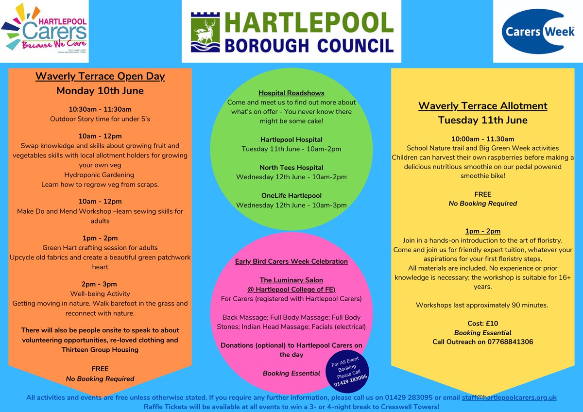 ⭐️CARERS WEEK 2024⭐️
Monday 10th June — Friday 14th June

Look at all the incredible things we have available!
Keep your eyes peeled for more info over the next few days!
Make sure you don’t miss out - get yourself booked on! (limited spaces for some events!) 

📞 01429 283095