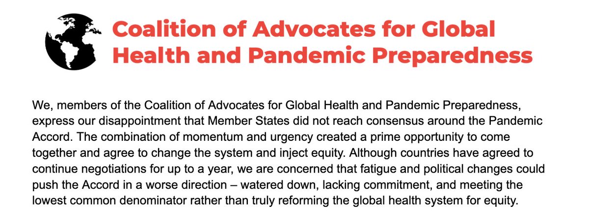 JUST IN: 🚨 Coalition statement on #PandemicAccord proceedings. Spoiler alert -- we are deeply concerned. Looking to leaders for ambition, commitment, and solidarity as negotiations continue. #WHA77 Read here: docs.google.com/document/d/1BB…