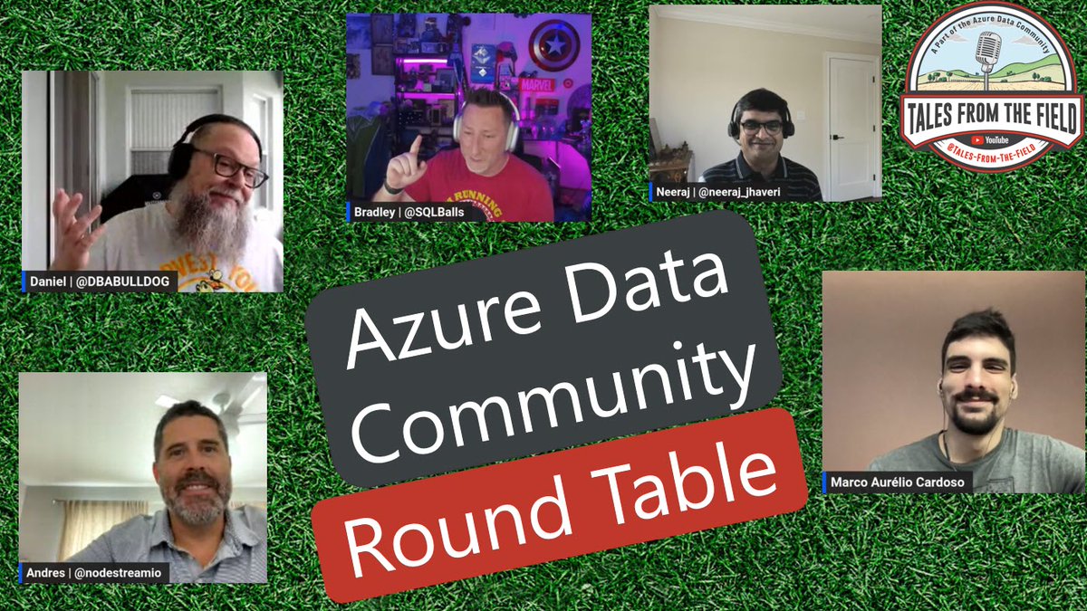 Tales From The Field (@talesftfield) on Twitter photo At the Top of the hour we are LIVE with the #AzureDataCommunity Round Table! Only 2 chances to join us on the round tables this month!
Link: youtube.com/live/t_20jzCSp…
Don't miss it!
cc <a href="/SQLBalls/">Bradley Ball</a> <a href="/DBABullDog/">Daniel Taylor | DBABulldog@mas.to</a> <a href="/JoshLuedeman/">Josh Luedeman | @joshluedeman.bsky.social</a> <a href="/BradleySchacht/">Bradley Schacht</a> <a href="/neeraj_jhaveri/">Neeraj Jhaveri</a> <a href="/nodestreamio/">NODESTREAMIO | Andrés Padilla</a> At the Top of the hour we are LIVE with the #AzureDataCommunity Round Table! Only 2 chances to join us on the round tables this month!
Link: youtube.com/live/t_20jzCSp…
Don't miss it!
cc <a href="/SQLBalls/">Bradley Ball</a> <a href="/DBABullDog/">Daniel Taylor | DBABulldog@mas.to</a> <a href="/JoshLuedeman/">Josh Luedeman | @joshluedeman.bsky.social</a> <a href="/BradleySchacht/">Bradley Schacht</a> <a href="/neeraj_jhaveri/">Neeraj Jhaveri</a> <a href="/nodestreamio/">NODESTREAMIO | Andrés Padilla</a>