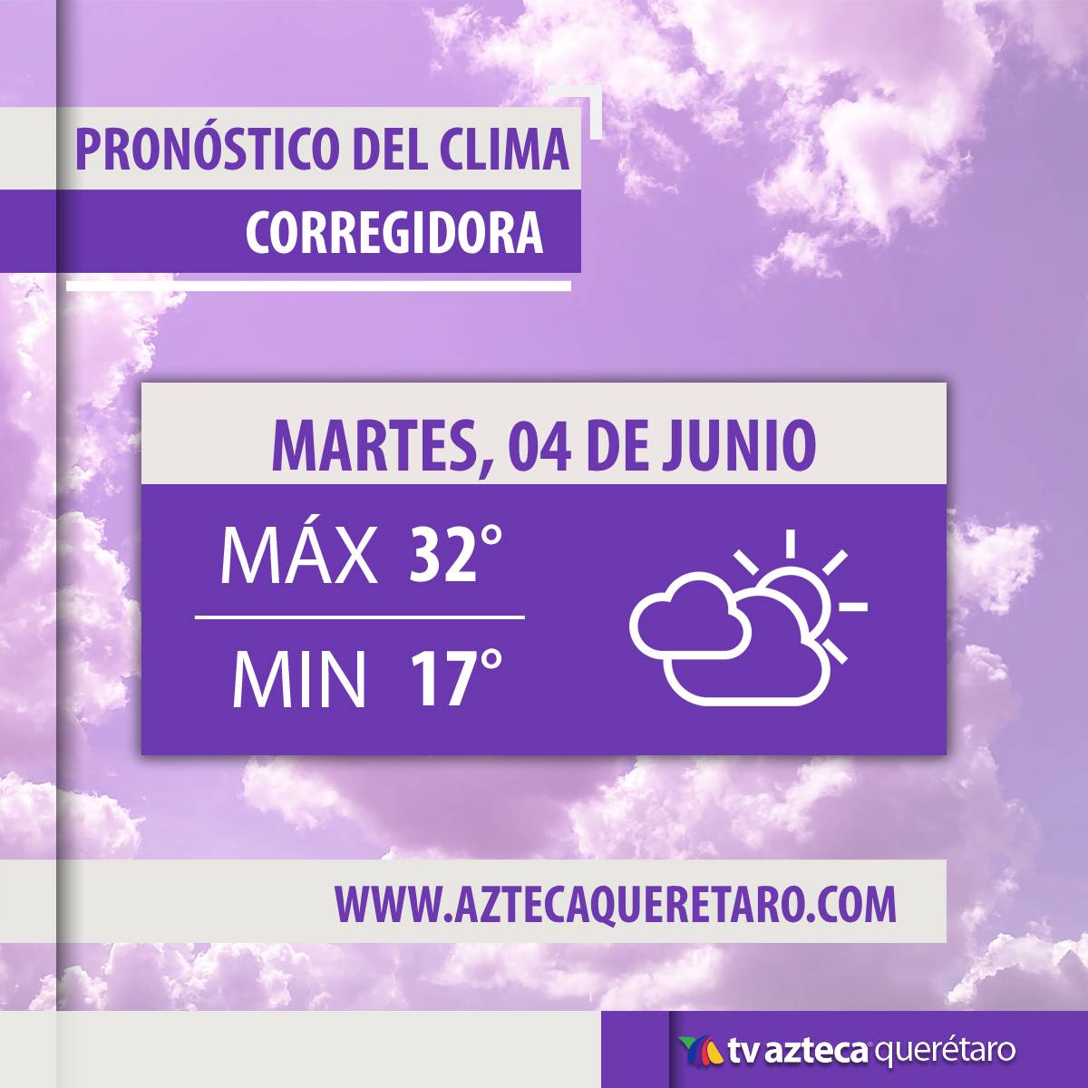 ¡Buenos días, Querétaro! ¿Cómo están este Martes 04 de Junio? 🤩🙌

Les compartimos el pronóstico del clima en Querétaro y Corregidora. 

#TvAztecaQuerétaro #ClimaHoy