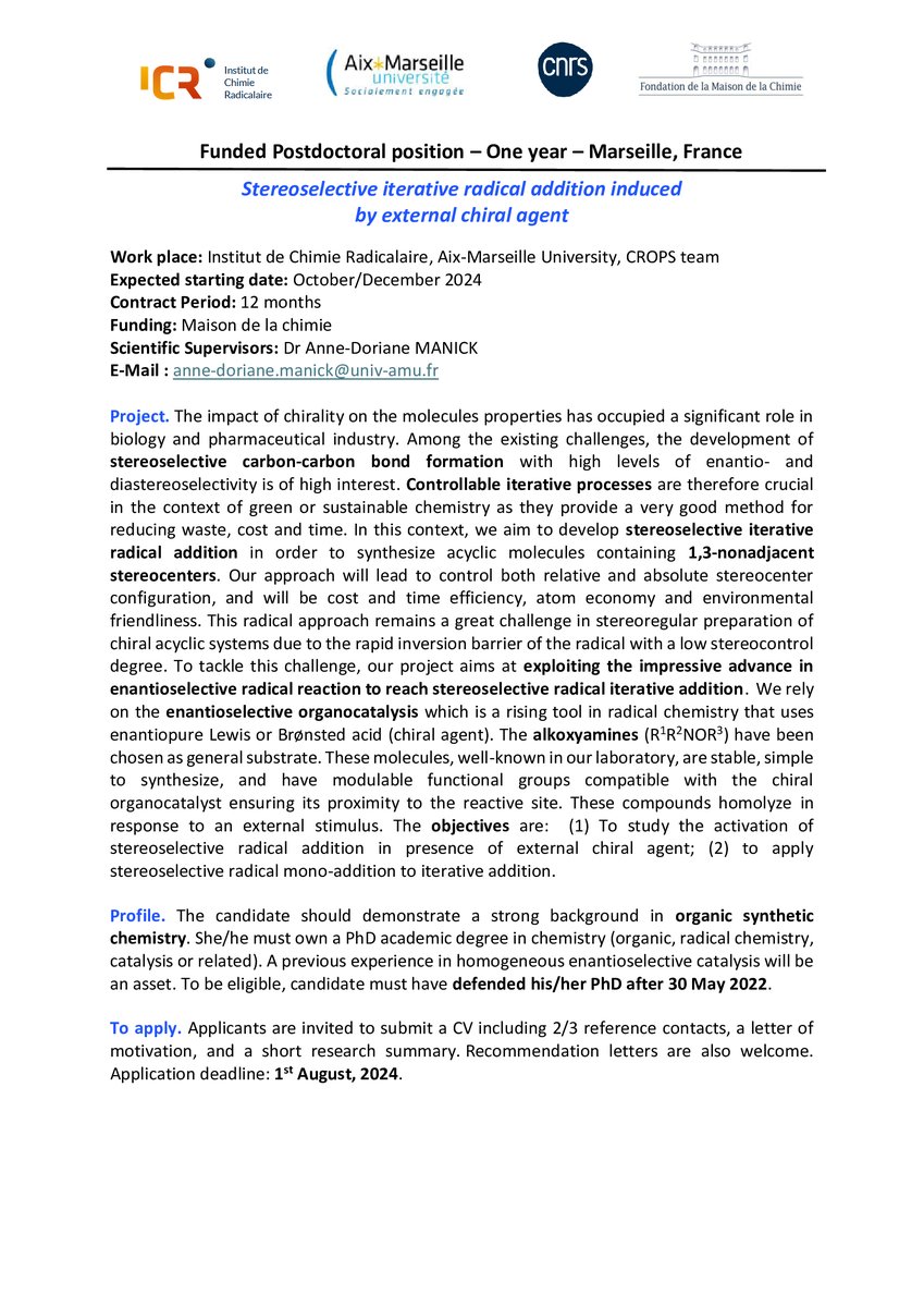 One-year post-doc funded by Maison de la Chimie is available in <a href="/icr_crops/">crops icr</a> on organic chemistry. Starting date: October/December 2024. End of application: 1st August, 2024.