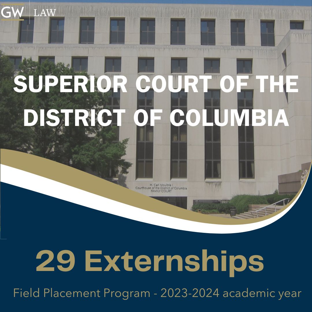 GWLawFPP's tweet photo. Dean McCoy and the Field Placement Program congratulate the 29 students who have completed externships with the Superior Court of the District of Columbia thus far in the 2023-2024 academic year! We are grateful to the Court and placement supervisors for their ongoing support. https://t.co/pc6Owq55Ap