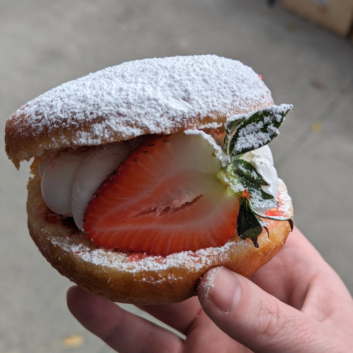 Early morning, thinking about the fresh strawberry and cream donut I had at the recent strawberry festival.