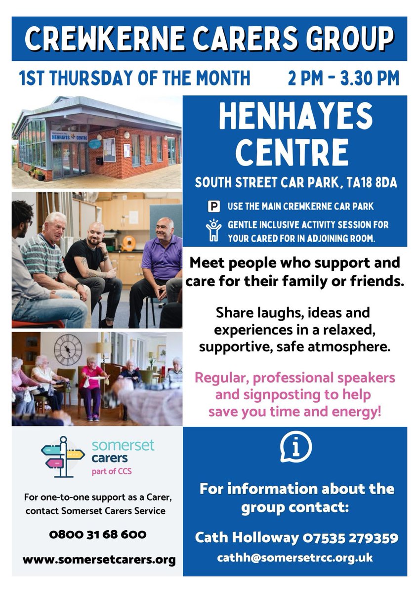 👀 Crewkerne Carers Group Open House 

Thursday from 2pm at The Henhayes Centre

Have a chat and a cuppa with other Carers. Gentle activity session that runs alongside for the person you care for. Come and find out more about what we do.

#Crewkerne #CarersGroup #SomersetCarers