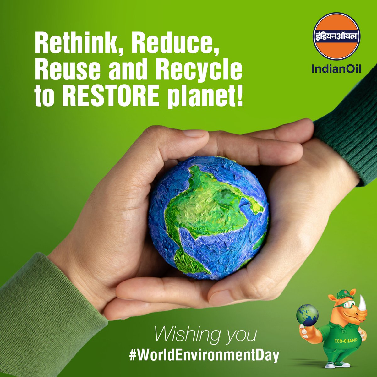 IndianOilcl's tweet photo. On #WorldEnvironmentDay, #IndianOil encourages you to rethink, reduce, reuse, and recycle for a sustainable future. Every small action contributes to tackling climate change and restoring our planet for future generations. #RethinkReduceReuseRecycle #GreenHeroes #EcoChamp https://t.co/YVyOjJqxdP
