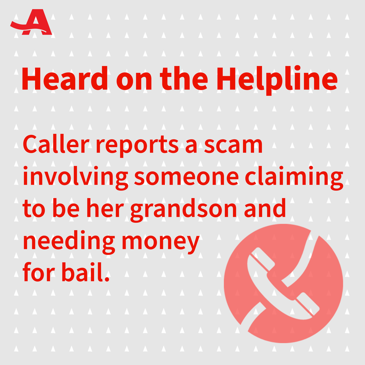 AARP's tweet photo. A caller received a phone call from someone claiming to be her grandson who said he was involved in an accident and need money for bail. She knew it was a scam -- her grandson isn't old enough to drive. She hung up and reported it to @aarpfraudwatch at 877-908-3360. https://t.co/RvunnZZa4i