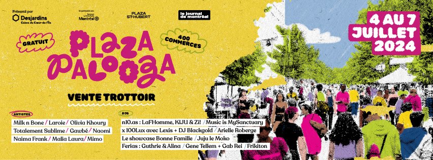 Nous revoilà par ici, Twitter ? X ? Peu importe on est de retour pour vous annoncer la seconde édition de PlazaPalooza 💥

Du 4 au 7 juillet, venez débuter l'été avec ce festival gratuit qui sera accompagné du début de la première piétonnisation de la rue St-Hubert 🤩