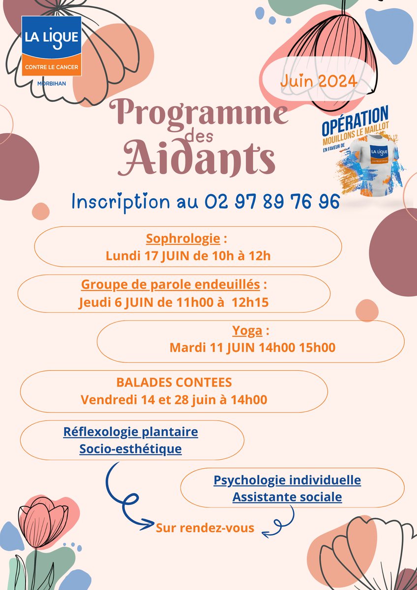 LCancer56's tweet photo. Programme des Aidants - Juin 2024 😊

Sophrologie 🧘‍♀️: 17/06 10h-12h
Groupe de parole 🗣️: 6/06 11h-12h15
Yoga 🧘‍♂️: 11/06 14h-15h
Balades contées 🚶‍♀️📖: 14 &amp; 28/06 14h

Réflexologie, socio-esthétique, psycho, assist. sociale sur RDV
Inscription: 02.97.89.76.96 📞

#Aidants #cd56 https://t.co/hHuidb8Ant