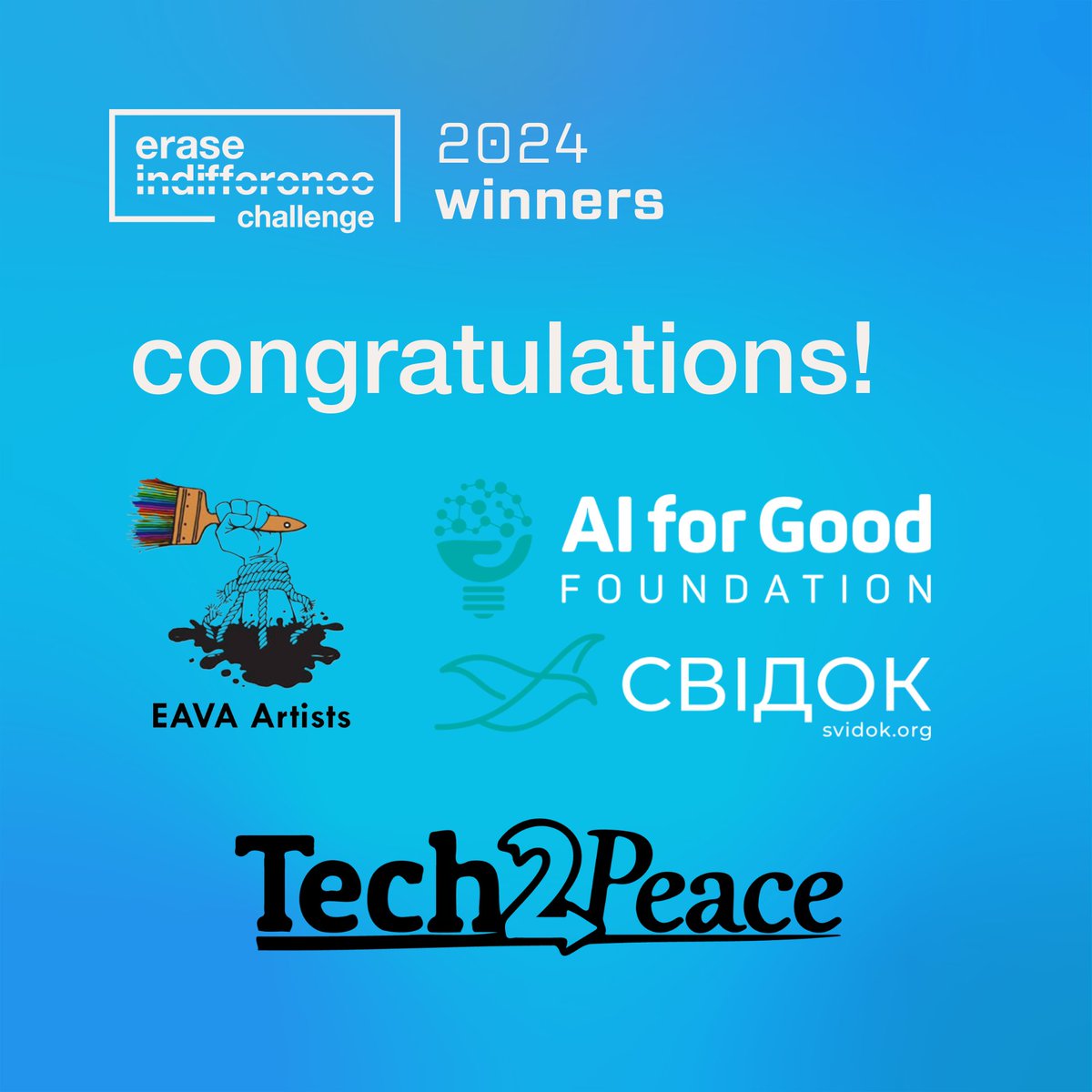 What an evening it was! After EIC 2024 Gala congratulations to the 3 winners!

What is Freedom?, AI for Good Foundation &amp; Svidok, US/UA

Silent Voice, Justice to LGBTIQ persons - EAVA Artists, UG

Israelis and Palestinians Innovating Together Towards a New Reality, Tech2Peace, IL