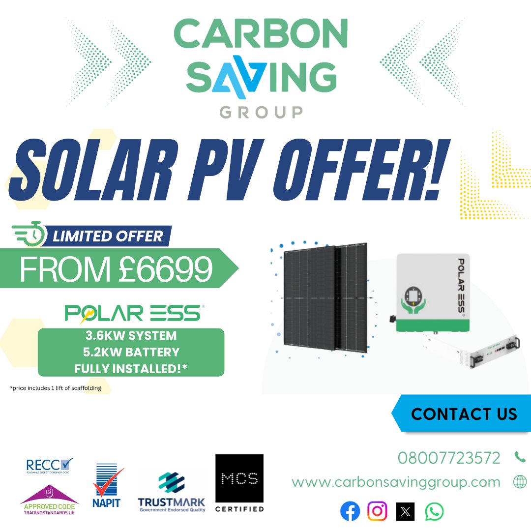 👋 Say goodbye to sky-high energy costs with this £6699 Solar PV Offer!!

☀️ 3.6kW System
🔋 5.2kWh Battery
💷 Fancy earning through the Smart Export Guarantee scheme?

*T&amp;C's apply
Limited offer while stock last

Get in touch today 👇
☎️ 08007723572

🔗 bit.ly/3Dq67Hr