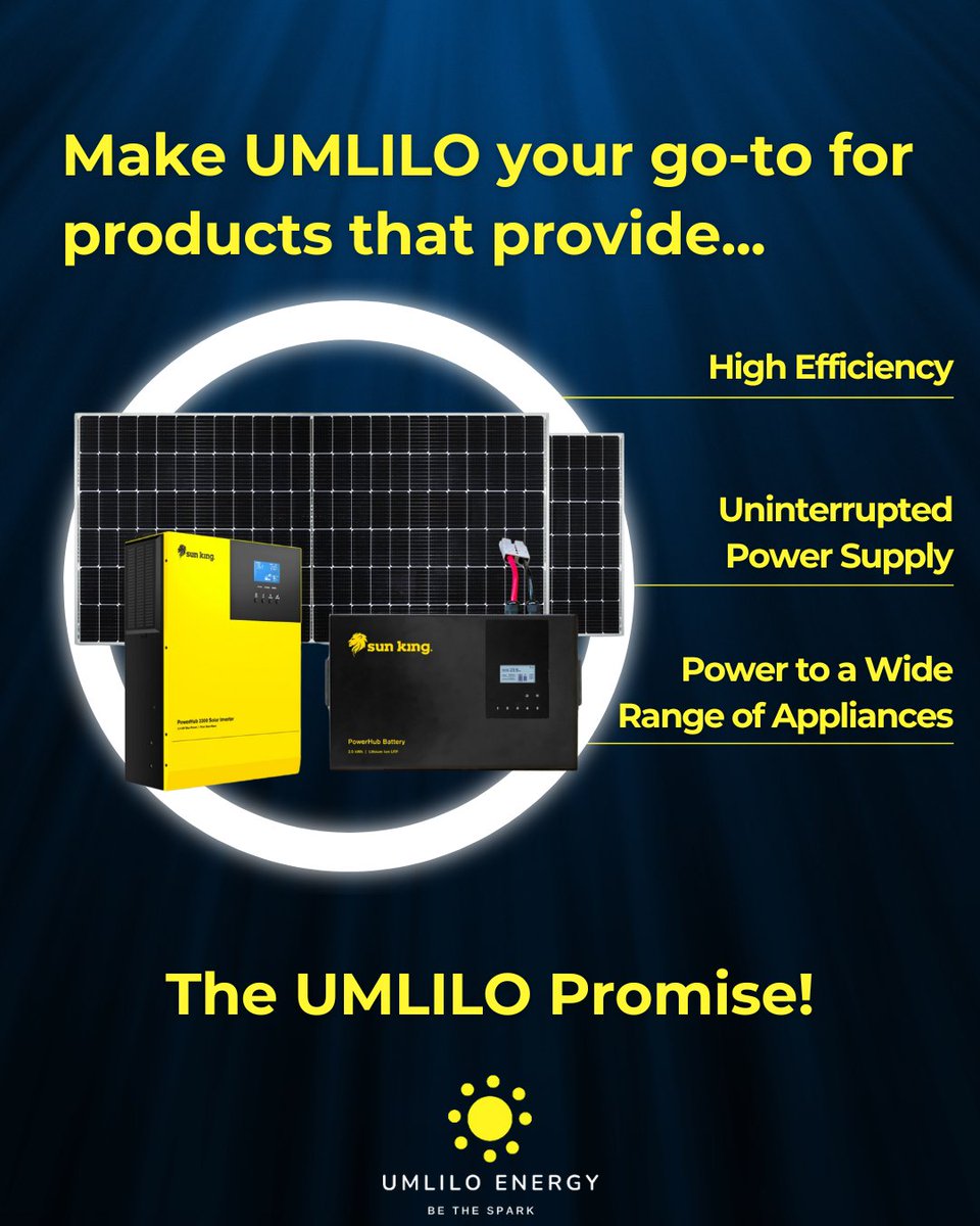 UmliloEnergy's tweet photo. At Umlilo, we promise to provide products that meet every power need for your home or business. From solar panels to inverters, we’ve got you covered with reliable, sustainable solutions. Power up with Umlilo! 🌞💡 #UmliloEnergy #PowerSolutions #SustainableLiving #ReliableEnergy https://t.co/OZcPs1bOwz