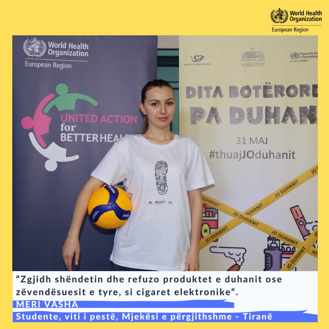 WHOAlbania's tweet photo. 📢 Studentët e Mjekësisë janë të vetëdijshëm për dëmin e duhanit dhe i bashkohen fushatës së @WHO_Albania për ndërgjegjësimin e rinisë. 🌱🚭

Meri Vasha, studente e vitit të pestë: "Zgjidh shëndetin dhe refuzo produktet e duhanit ose zëvendësuesit e tyre, si cigaret elektronike". https://t.co/OQnvBmLoDE
